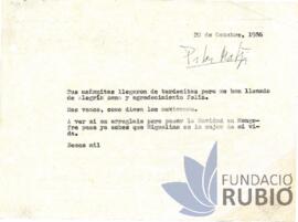 Carta emesa per Fernando Rubió Tudurí a Pilar Matji