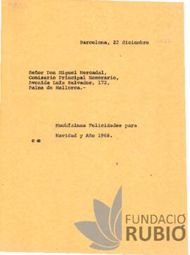 Carta emesa per Fernando Rubió Tudurí a Miguel Mercadal