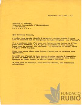 Carta emesa per Fernando Rubió Tudurí a A. Emanuel