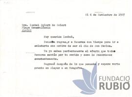 Carta emesa per Fernando Rubió Tudurí a Isabel Salort de Salort