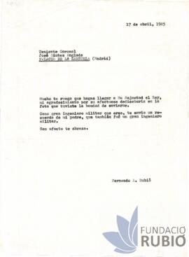 Carta emesa per Fernando Rubió Tudurí a José Sintes Anglada
