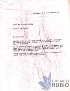 Carta emesa per Fernando Rubió Tudurí a Antonio Alemany