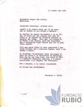 Carta emesa per Fernando Rubió Tudurí a Max Cahner