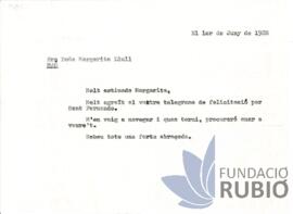 Carta emesa per Fernando Rubió Tudurí a Margarita Llull