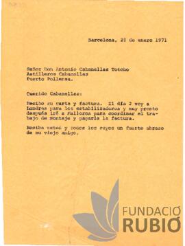 Carta emesa per Fernando Rubió Tudurí a Antonio Cabanellas Totcho