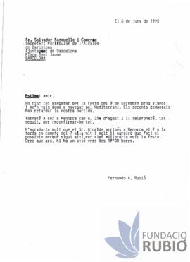Carta emesa per Fernando Rubió Tudurí a Salvador Sarquella i Comerma