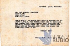 Telegrama emès per Fernando Rubió Tudurí a Jean Lanctot