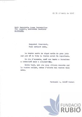 Carta emesa per Fernando Rubió Tudurí a Josep Tarradellas