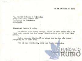 Carta emesa per Fernando Rubió Tudurí a Arcadi Calzada i Salavedra