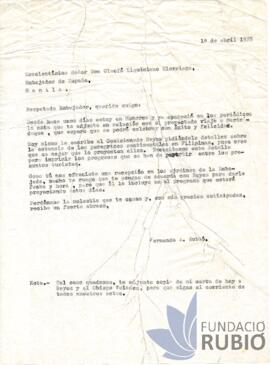 Carta emesa per Fernando Rubió Tudurí a Cleofe Liquiniano Elgorriaga