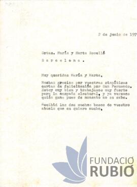 Carta emesa per Fernando Rubió Tudurí a Maria i Marta Roselló Rubió