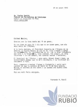 Carta emesa per Fernando Rubió Tudurí a Carles Sentís