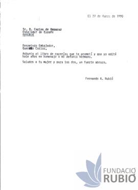 Carta emesa per Fernando Rubió Tudurí a Carlos de Reparaz