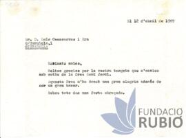 Carta emesa per Fernando Rubió Tudurí a Luis Casasnovas i Senyora