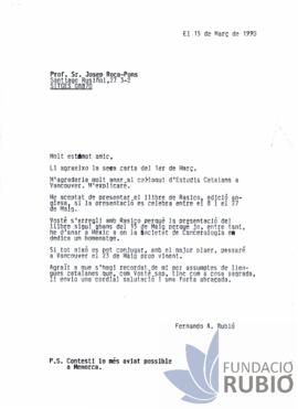 Carta emesa per Fernando Rubió Tudurí a Josep Roca-Pons