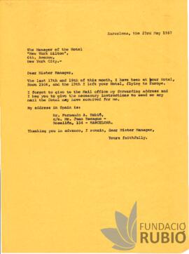 Carta emesa per Fernando Rubió Tudurí al Director de l'hotel New York Hilton