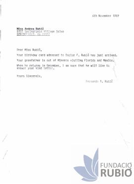 Carta emesa per Fernando Rubió Tudurí a Andrea Rubió