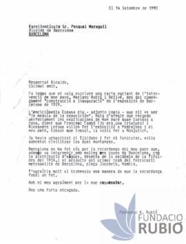 Carta emesa per Fernando Rubió Tudurí a Pasqual Maragall