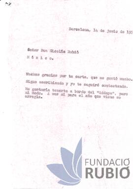 Carta emesa per Fernando Rubió Tudurí a Nicolau Rubió Figueroa
