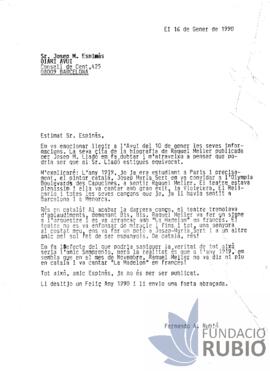 Carta emesa per Fernando Rubió Tudurí a Josep M. Espinàs