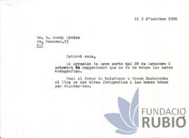 Carta emesa per Fernando Rubió Tudurí a Jordi Sintes