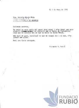 Carta emesa per Fernando Rubió Tudurí a Natalia Monjo Peix