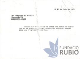 Carta emesa per Fernando Rubió Tudurí a Mercè Rubió Boada
