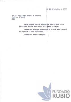 Carta emesa per Fernando Rubió Tudurí a Guillermo Gardés