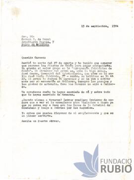 Carta emesa per Fernando Rubió Tudurí a Carmen Delgado