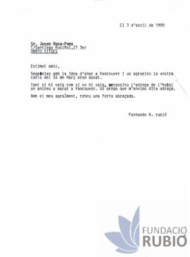 Carta emesa per Fernando Rubió Tudurí a Josep Roca Pons