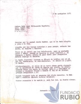 Carta emesa per Fernando Rubió Tudurí a Nora Villanueva Ongsiako