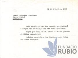 Carta emesa per Fernando Rubió Tudurí a les Germanes Clarisses