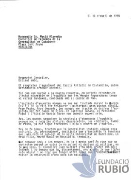 Carta emesa per Fernando Rubió Tudurí a Macià Alavedra