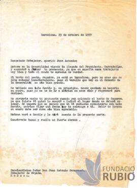 Carta emesa per Fernando Rubió Tudurí a Juan Antonio Samaranch