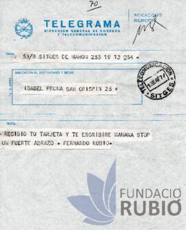 Telegrama emès per Fernando Rubió Tudurí a Isabel Pruna