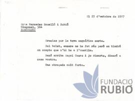 Carta emesa per Fernando Rubió Tudurí a Mercè Roselló i Rubió