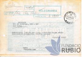 Telegrama emès per Fernando Rubió Tudurí a Georges Theotoky