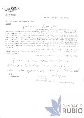 Carta emesa per Fernando Rubió Tudurí a Román Bustamente Pons