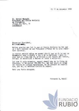 Carta emesa per Fernando Rubió Tudurí a Jeroni Marquès