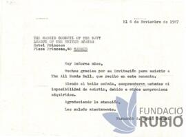 Carta emesa per Fernando Rubió Tudurí a The Madrid Council of the Navy League of the United States