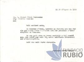 Carta emesa per Fernando Rubió Tudurí a Joan Miquel Vidal Hernández