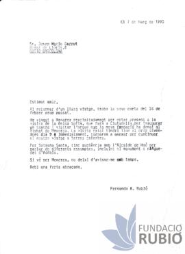Carta emesa per Fernando Rubió Tudurí a Josep M. Garrut
