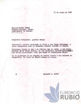 Carta emesa per Fernando Rubió Tudurí a Raphael-Léonard Touze