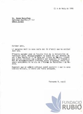 Carta emesa per Fernando Rubió Tudurí a Josep Roca Pons
