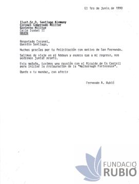 Carta emesa per Fernando Rubió Tudurí a Santiago Alemany