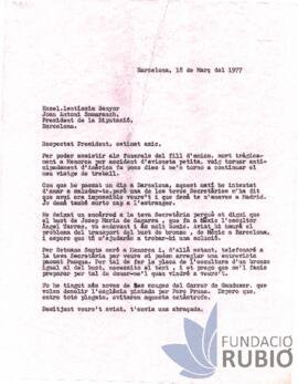 Carta emesa per Fernando Rubió Tudurí a Joan Antoni Samaranch