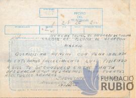 Telegrama emès per Fernando Rubió Tudurí a Menene Taviel