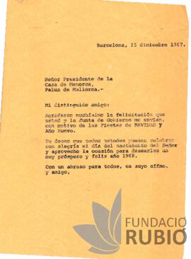 Carta emesa per Fernando Rubió Tudurí al President de la Casa de Menorca (Palma)