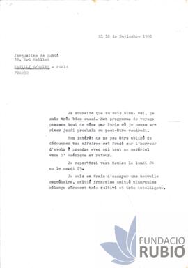 Carta emesa per Fernando Rubió Tudurí a Jacqueline de Rubió