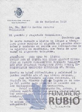 Carta emesa per Fernando Rubió Tudurí a Emilio Santos Escarze